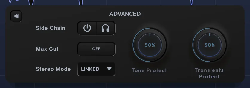 Quance Advanced panel with Side Chain, the Max Cut toggle, Stereo Mode and the Tone Protect and Transients Protect knobs