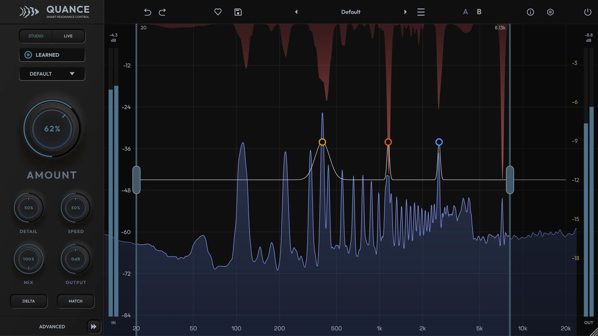 Quance after a Learn pass, showing LEARNED on the side panel, three focus points placed on the detected resonances and the detection range narrowed around them