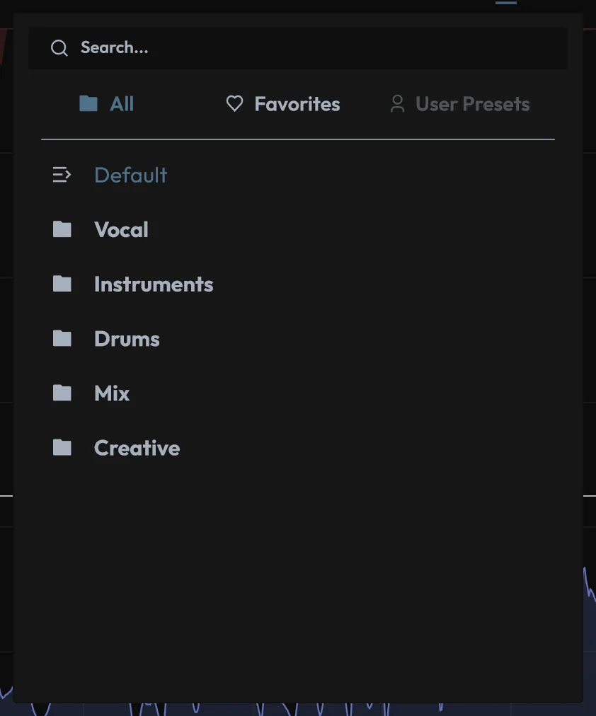 Quance preset browser with search, All, Favorites and User Presets tabs and the factory category folders