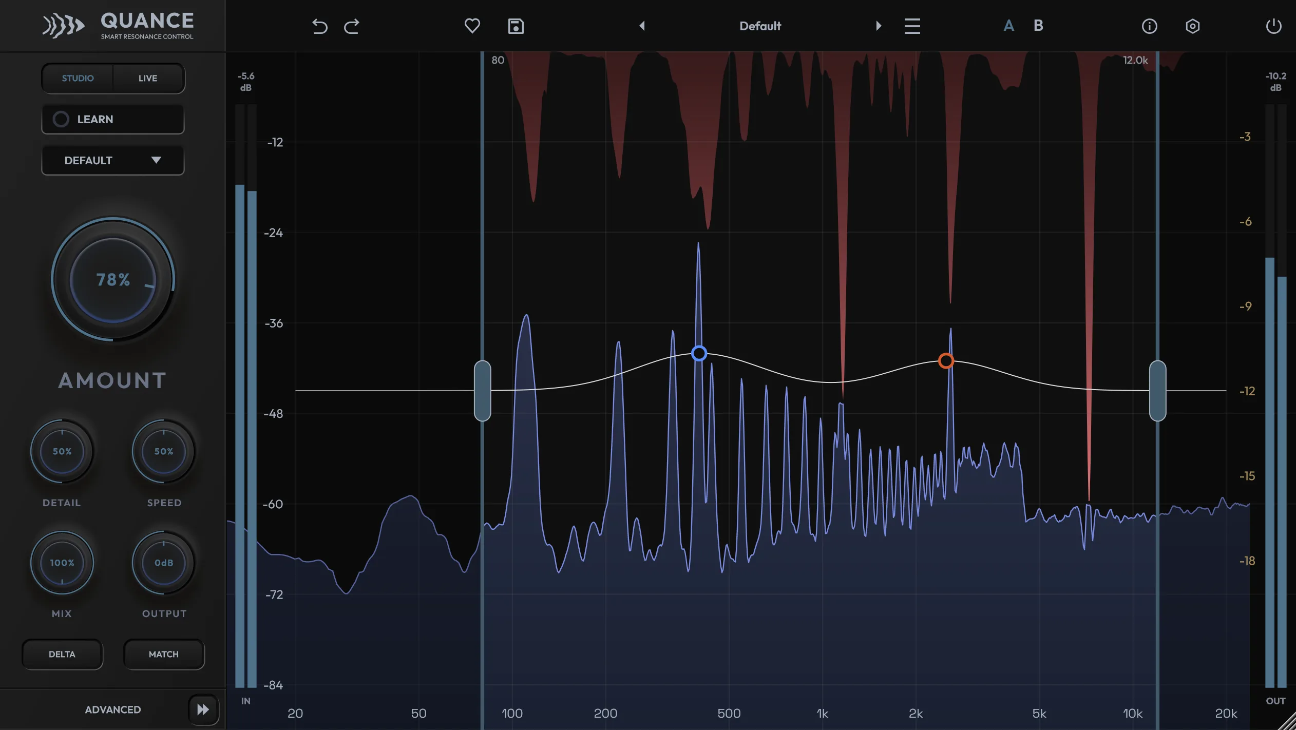 Quance interface with two focus points shaping the detection curve over the spectrum, and the red reduction overlay above
